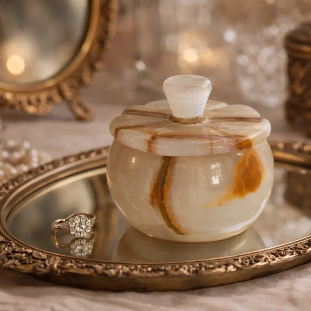 Vintage Mini Onyx Marble Trinket Box with Lid | Small Stone Jewelry Keepsake Jar